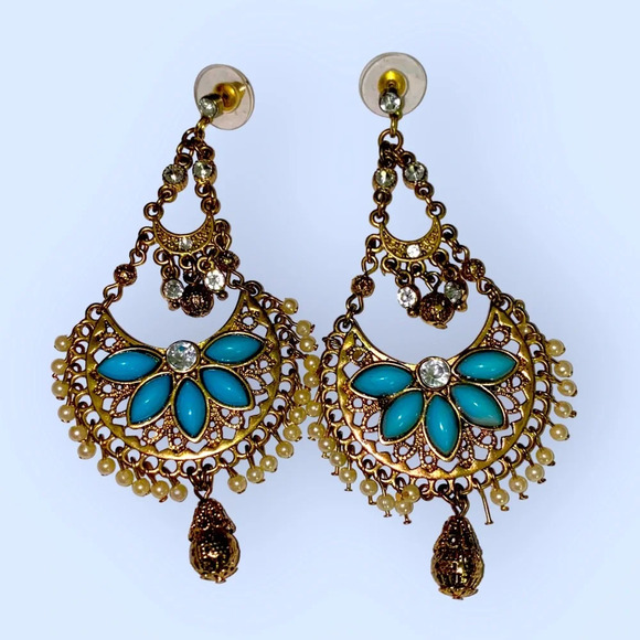 None Jewelry - Chandelier Faux Turquoise Boho Bohemian Gold Tone Pearl Earrings